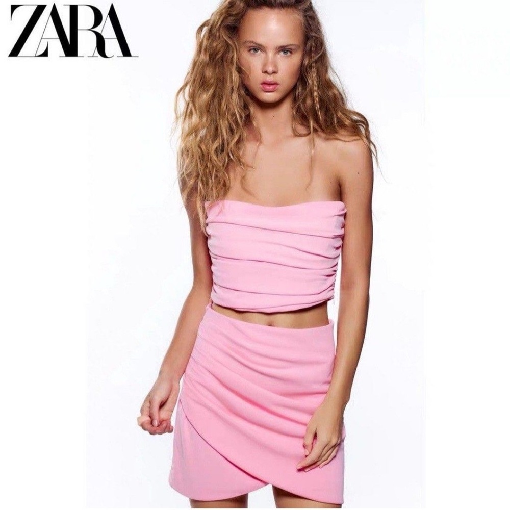 Pink Ruched Corset Crop Top, Bubblegum Pink, Size M
